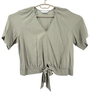 Nine West Top Womens L Green Tie Front Linen Blend V-Neck Short Sleeve Exc Cond